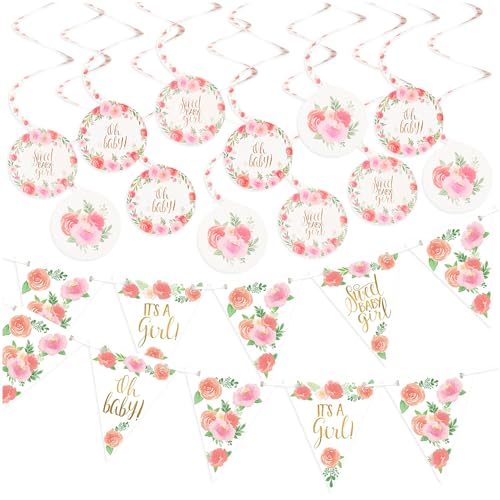 Floral Baby Shower Party Supplies - Sweet Baby Girl Wimpel Banner und Spiraldekorationen Set in Rosa & Gold von HOME & HOOPLA