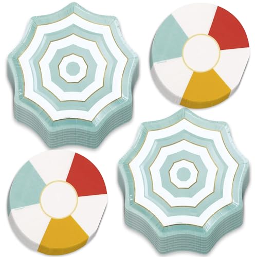 HOME & HOOPLA Poolside Summer Party Supplies - Pool Umbrella Gold Boutique Runde Papier-Dessertteller und Pool-Getränke-Servietten (16 Teller und Servietten) von HOME & HOOPLA