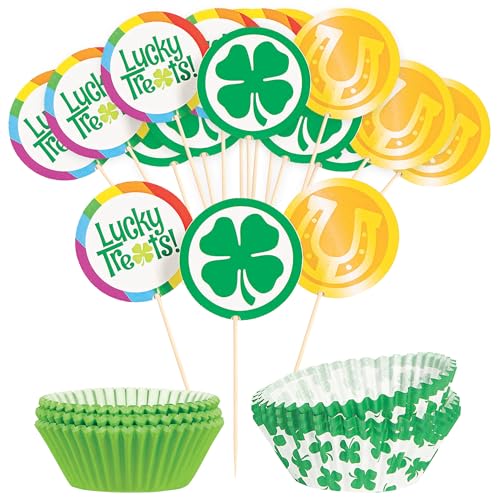 St. Patrick's Day Cupcake-Einlagen mit Kleeblatt- und Kiwi-Grün, mit verschiedenen Lebensmittelspießen, 125 Einsätze und 50 Plektren von HOME & HOOPLA