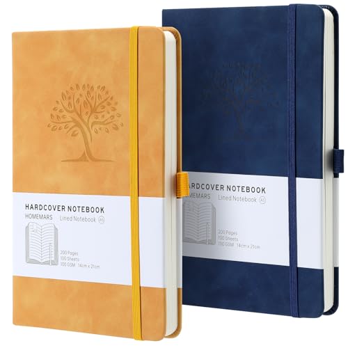 Notizbuch, Notebook, Notizbuch a5, Journal buch, Reisetagebuch, Notizbuch Liniert a5, Notizblock, Notizbücher a5, 100gsm, 200 Pages, 2 Stück, Reisetagebuch, Notizbuch Leder, Prägebaum Design,Gelb Blau von HOMEMARS