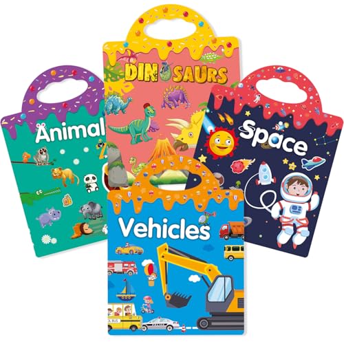 HOMETEC Wiederverwendbares Stickerbuch ab 2 Jahre – 4 Themen (Tiere, Fahrzeuge, Dinosaurier, Weltraum) – Lernspielzeug für Kleinkinder – Abwaschbar & Tragbar von HOMESTEC