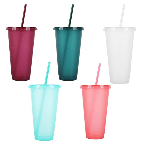 Bunte Plastikbecher 5 Stück Kunststoffbecher wiederverwendbar mit Deckelstrohhalmen, 24oz/710ml Plastikbecher Mehrweg, Becher Tasse Trinkbecher, Partybecher, bruchsicher, Trinken Smoothie von HOMHPLFE