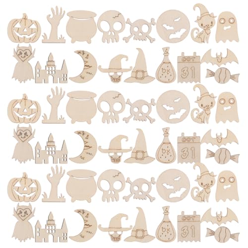 HOMOCONO 200 Stück Halloween Basteln Kinder Holz, Unvollendete Holz Ausschnitte Handwerk, Holzanhänger zum Bemalen Halloween Party Dekoration von HOMOCONO