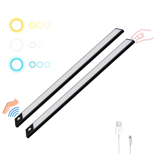 HOMPLEMENT LED-Lichterkette für Schränke und Kabinen, batteriebetrieben, per USB wiederaufladbar, Bewegungsmelder, 3 Farbtöne + dimmbar, 40 cm, aus Aluminium, magnetisch (schwarz, 2 Stück) von HOMPLEMENT