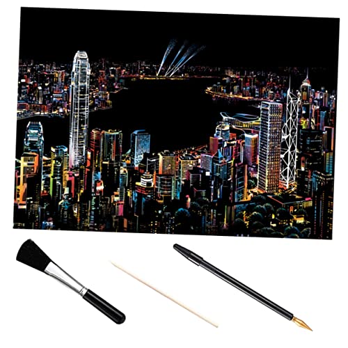 HOMSFOU 1 Satz Scrape Tool Set Bastelset Werkzeug Stadtkratzpapier Kratzmalerei Kind Bausatz Kratzmalerei Selber Machen Scratch Night View Malerei Kit Kratzbemalung Hölzern Schwarz von HOMSFOU