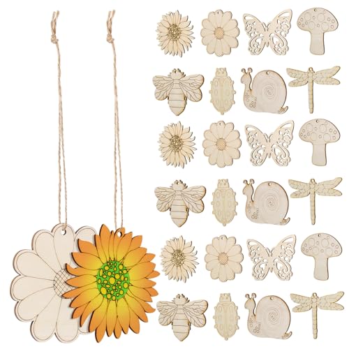 HOMSFOU 40 Stück Unbehandelte Holzfiguren Teiliges mit Blumen und Tieren Bastelmaterialien zum Malen Juteschnur für DIY Projekte und Kreative Dekorationen von HOMSFOU