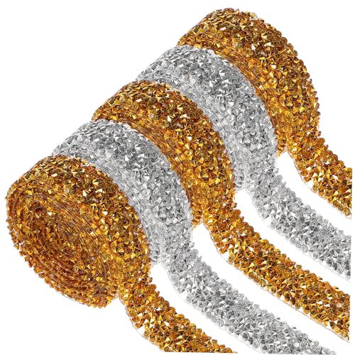HOMSFOU 5Rollen Selbstklebende Strassbänder Funkelnde Glitzer Aufkleber Für Dekoration Hochzeiten Und DIY Projekte Silberne Und Goldene Handwerk von HOMSFOU