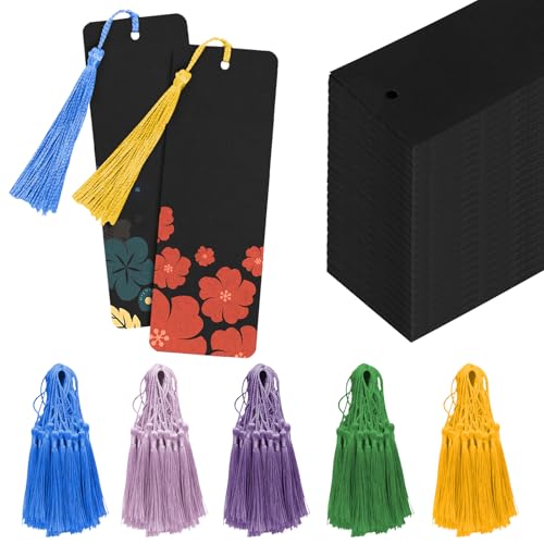 HOMURY 100 Stück Blanko Lesezeichen Set, Kraftpapier DIY Lesezeichen mit 100 Stück Bunte Quasten, Weihnachten Lesezeichen Basteln Set mit Löchern, für Basteln Dekorieren, DIY Notizbuch, Schwarz von HOMURY