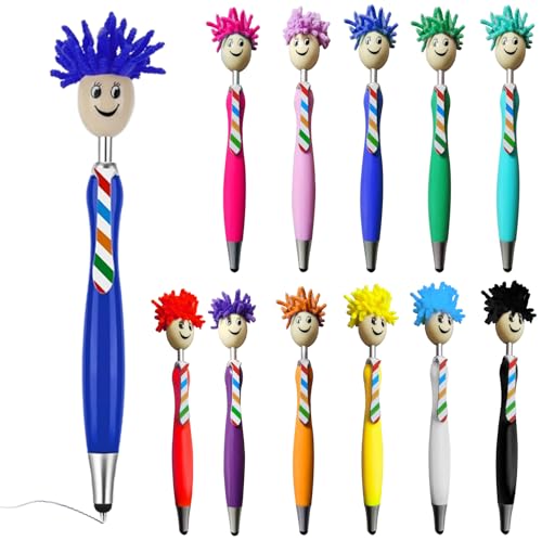 HOMURY 12 Stück Kugelschreiber, Microfaser Bildschirmreiniger Stifte, Lustige Druckkugelschreiber, Mop Head Topper Stifte, Kreativer Kugelschreiber Geschenk für Erwachsene Kinder (12 Farben) von HOMURY