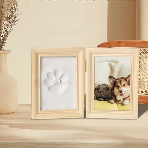 HOMURY Pfotenabdruck Set Hund und Katze 3D Gipsabdruck, Bilderrahmen und Pfotenabdruck-Set Weiß für Hunde oder Katzen, Holz Bilderrahmen, Wanddekoration(Hölzern) von HOMURY