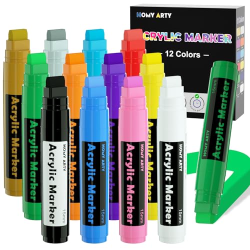 HOMY ARTY Acrylstifte 15mm Breit, Permanent Acrylfarben Stift, Wasserfeste Farbstifte Stift für Steine, Schilder, Kalligraphie und Gemälde im Freien (12 farben) von HOMY ARTY
