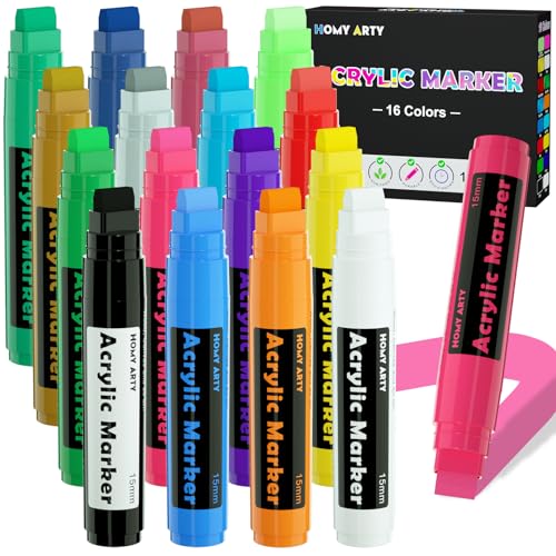 HOMY ARTY Acrylstifte, 15mm Breit Acrylstifte, Permanent Marker, Wasserfeste Farbstifte für Steine, Schilder, Kalligraphie (16 farben) von HOMY ARTY