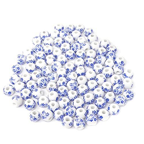 Honbay 100 Stück 10 mm Keramikperlen, handgefertigte Porzellanblumen, runde Perlen, Abstandshalter, mit 1 Kordelzugbeutel für Schmuckherstellung und Bastelarbeiten (Blaue Blume) von Honbay