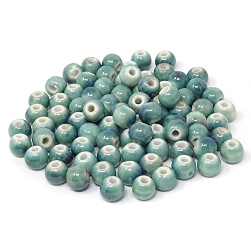 Honbay 100 Stück 10 mm Keramikperlen, handgefertigte Porzellan-Blume, runde Perlen, Abstandshalter mit 1 x Tasche mit Kordelzug für Schmuckherstellung und DIY-Handwerk (Jadegrün) von HONBAY