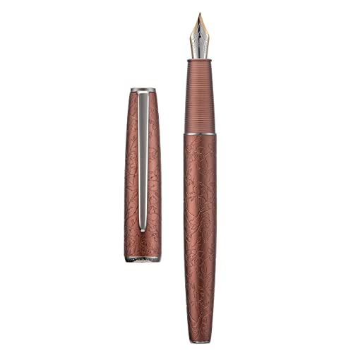 Hongdian A3 Braun Aluminium Füllfederhalter, Iridium feine Spitze Blüte Gravur Design, konsistenter Schreibstift mit Tintenkonverter und Metallstift-Box Set von HONG DIAN
