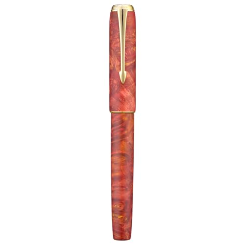 Hongdian A7 Füllfederhalter aus stabilisiertem Holz, extra feine Feder, chinesischer Knoten, Schnitzerei, Handwerksstift mit Konverter und Metalletui-Set (Korallenrot) von HONG DIAN