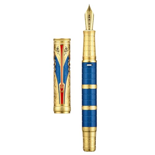 Hongdian D5 Qin Dynasty Füllfederhalter Blau Gold, Extra feine Feder Kolbenfüllstift, Retro Chinesische Totem Gravur Glattes Schreiben Stift mit Stiftebox Set von HONG DIAN