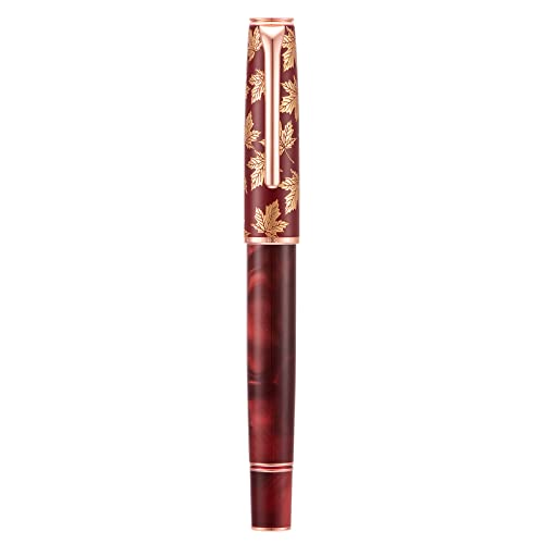 Hongdian N8 Rot Acryl Harz Füllfederhalter, Iridium Mittlere Spitze Rose Gold Trim Maple Leaf Carving Cap, Smooth Writing Pen with Converter and Metal Pen Box Set von HONG DIAN