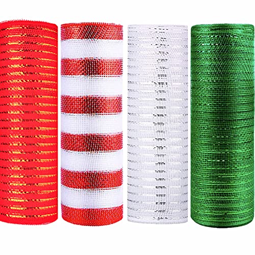 HONGCI 4 Rollen 10 Zoll x 10 Yards Deco Poly Mesh Ribbon - Metallic Folie Deco Poly Mesh Set für Kunsthandwerk,Kränze,Beute,Schleifen und Girlanden (Rote/weiß/grüne/weiße Streifen) von HONGCI