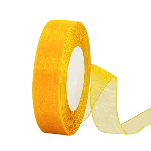 45m Organzaband Gelb 20mm Breit Chiffo Geschenkband,Transparentes Gelb Organza Bänder Chiffonband Schleifenband Dekoband Geschenkverpackung Deko Band Tüllband für Weihnachten Hochzeit Taufe Geburtstag von HONGCI