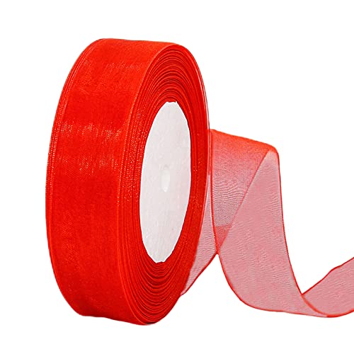 45m Organzaband Rot 25mm Breit Chiffo Geschenkband,Transparentes Organza Bänder Chiffonband Schleifenband Dekoband Geschenkverpackung Deko Band Tüllband für Weihnachten Hochzeit Taufe Geburtstag von HONGCI