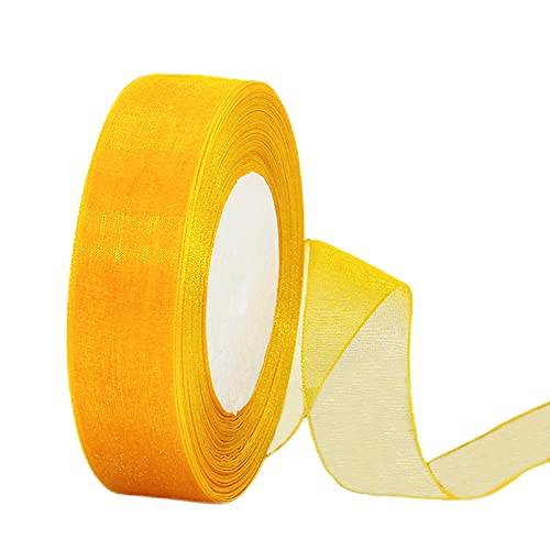 45m Organzaband Gelb 25mm Breit Chiffo Geschenkband,Transparentes Gelb Organza Bänder Chiffonband Schleifenband Dekoband Geschenkverpackung Deko Band Tüllband für Weihnachten Hochzeit Taufe Geburtstag von HONGCI