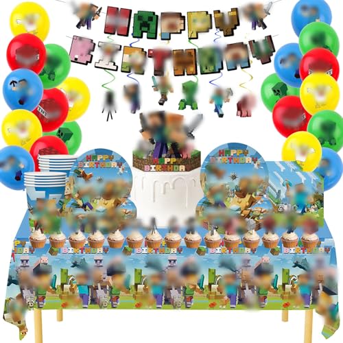Jungen Geburtstag Party Dekorationen Party Geschirr Set für Kinder Minecraft Party Dekorationen Jungen Minecraft Geburtstag Dekorationen mit Banner Luftballons Tischdecke Pappteller Becher Servietten von HONGCI
