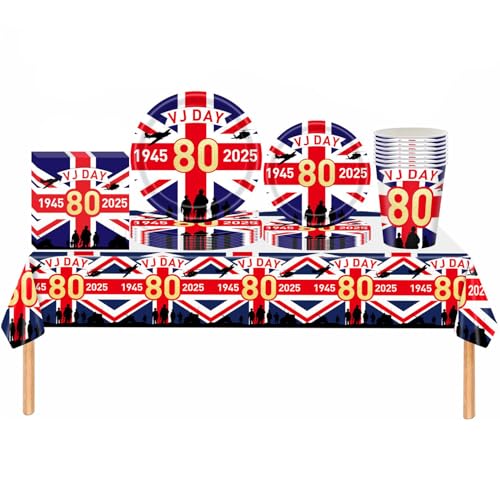 VJ Day 80th Anniversary Decorations Party Tableware Set, WW2 V-J Day Party Decorations with VJ Day 80th Table Cloth, 32 Paper Plates, 16 Cups, 20 Napkins for V J Day 80 Years Celebration 2025 von HONGCI