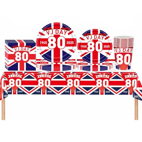 VJ Day 80th Anniversary Decorations Party Tableware Set, WW2 V-J Day Party Decorations with VJ Day 80th Table Cloth, 32 Paper Plates, 16 Cups, 20 Napkins for V J Day 80 Years Celebration 2025 von HONGCI