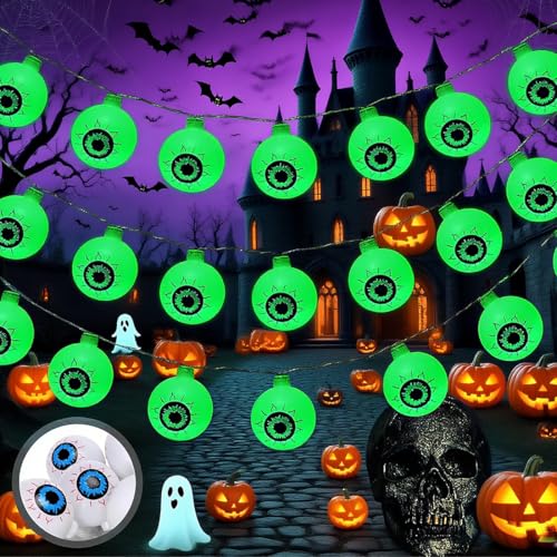 Halloween Lichterkette Augäpfel [3M 20 LEDs] – Unheimliche Halloween Deko mit Grünen Augapfel Lichterketten, Batteriebetriebene Augapfel-Lichterketten für Innen & Außen (Realistisches Augapfel) von HONGECB
