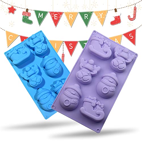 SUNCHE Weihnachten Silikonformen, 3D Silikon Seifenformen, DIY Silikonform Werkzeuge, 6-Cavity Weihnachts Fondant Formen - mit Form von Schneemann Rentier Schlitten, für Kuchen Backen, 2 Stück(B) von HONGECB