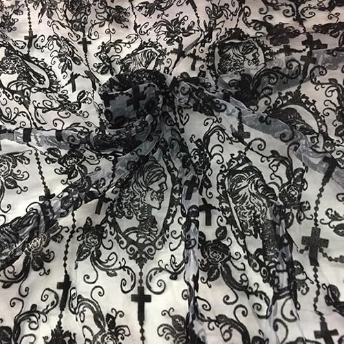 140CM Spitzenstoff, weicher schwarzer Totenkopf-Spitzenstoff, Kreuz-Blumen-Tüllstoff für DIY-Kleid, Top-Kleid, Party-Overlay, Vorhänge, Tischdecke, Halloween-Dekor (Schwarz, 1 Yard (140 x 90 cm)) von HONGLIHAI
