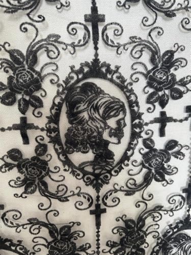 140CM Spitzenstoff, weicher schwarzer Totenkopf-Spitzenstoff, Kreuz-Blumen-Tüllstoff für DIY-Kleid, Top-Kleid, Party-Overlay, Vorhänge, Tischdecke, Halloween-Dekor (Schwarz, 2 Yard (140 x 180 cm)) von HONGLIHAI