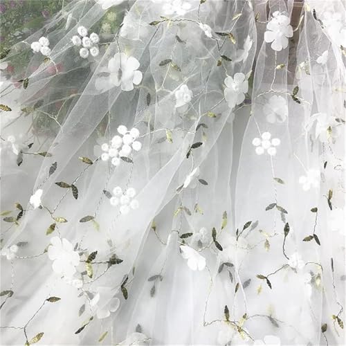 35"x51" Tüllstoff Meterware Blumenstickerei Netzspitze Stoff Weicher Tüll Spitzenstoff für DIY Kleidung Kleid Design Damen Kleid Hochzeitskleid Vorhang Dekor (Weiß, 1 Yard (90 x 130 cm)) von HONGLIHAI