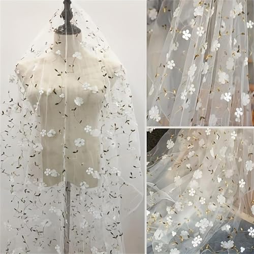 35"x51" Tüllstoff Meterware Blumenstickerei Netzspitze Stoff Weicher Tüll Spitzenstoff für DIY Kleidung Kleid Design Damen Kleid Hochzeitskleid Vorhang Dekor (Weiß, 5 Yard (450 x 130 cm)) von HONGLIHAI