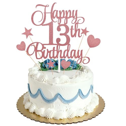 Tortenaufsatz zum 13. Geburtstag, Roségold, Glitzer, personalisierbar, für Männer, Jungen, Frauen, Mädchen, Geburtstagsparty, Kuchendekorationsset mit Stern-Herz-Cupcake-Topper Tortenaufsatz zum 13. Geburtstag, Roségold, Glitzer, personalisierbar, für Männer, Jungen, Frauen, Mädchen, Geburtstagsparty, Kuchendekorationsset mit Stern-Herz-Cupcake-Topper von HONGP