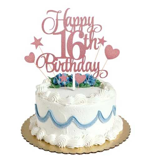 Tortenaufsatz zum 16. Geburtstag, Roségold, Glitzer, personalisierbar, für Männer, Jungen, Frauen, Mädchen, Geburtstagsparty, Kuchendekorationsset mit Stern-Herz-Cupcake-Topper Tortenaufsatz zum 16. Geburtstag, Roségold, Glitzer, personalisierbar, für Männer, Jungen, Frauen, Mädchen, Geburtstagsparty, Kuchendekorationsset mit Stern-Herz-Cupcake-Topper von HONGP
