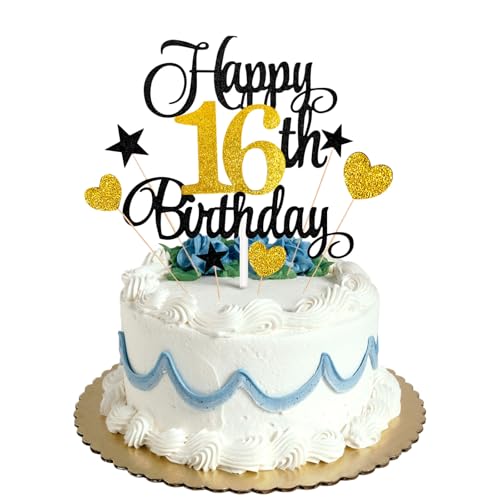 Tortenaufsatz zum 16. Geburtstag, Schwarz / Gold, Glitzer, personalisierbar, für Männer, Jungen, Frauen, Mädchen, Geburtstagsparty, Kuchendekorationsset mit Stern-Herz, Cupcake-Topper Tortenaufsatz zum 16. Geburtstag, Schwarz / Gold, Glitzer, personalisierbar, für Männer, Jungen, Frauen, Mädchen, Geburtstagsparty, Kuchendekorationsset mit Stern-Herz, Cupcake-Topper von HONGP