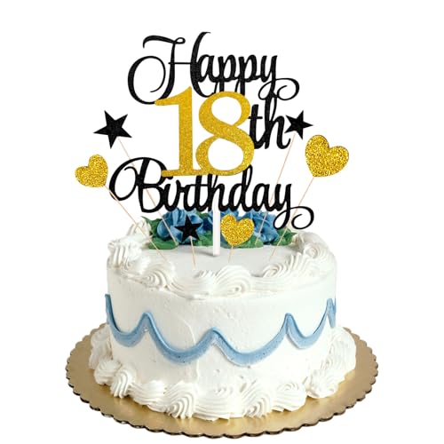 Tortenaufsatz zum 18. Geburtstag, Schwarz / Gold, Glitzer, personalisierbar, für Männer, Jungen, Frauen, Mädchen, Geburtstagsparty, Kuchendekorationsset mit Stern-Herz, Cupcake-Topper Tortenaufsatz zum 18. Geburtstag, Schwarz / Gold, Glitzer, personalisierbar, für Männer, Jungen, Frauen, Mädchen, Geburtstagsparty, Kuchendekorationsset mit Stern-Herz, Cupcake-Topper von HONGP