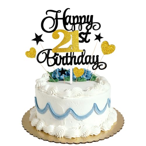 Tortenaufsatz zum 21. Geburtstag, Schwarz / Gold, Glitzer, personalisierbar, für Männer, Jungen, Frauen, Mädchen, Geburtstagsparty, Kuchendekorationsset mit Stern-Herz, Cupcake-Topper Tortenaufsatz zum 21. Geburtstag, Schwarz / Gold, Glitzer, personalisierbar, für Männer, Jungen, Frauen, Mädchen, Geburtstagsparty, Kuchendekorationsset mit Stern-Herz, Cupcake-Topper von HONGP