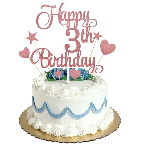 Tortenaufsatz zum 3. Geburtstag, Roségold, Glitzer, personalisierbar, für Kinder, Männer, Jungen, Frauen, Mädchen, Geburtstagsparty, Kuchendekorationsset mit Stern-Herz-Cupcake-Topper Tortenaufsatz zum 3. Geburtstag, Roségold, Glitzer, personalisierbar, für Kinder, Männer, Jungen, Frauen, Mädchen, Geburtstagsparty, Kuchendekorationsset mit Stern-Herz-Cupcake-Topper von HONGP