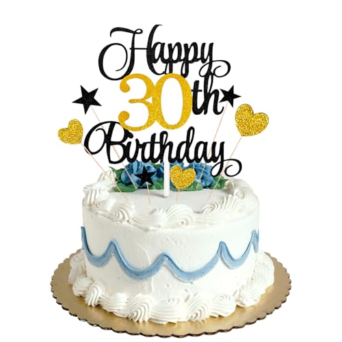Tortenaufsatz zum 30. Geburtstag, Schwarz / Gold, Glitzer, personalisierbar, für Männer, Jungen, Frauen, Mädchen, Geburtstagsparty, Kuchendekorationsset mit Stern-Herz-Cupcake-Topper Tortenaufsatz zum 30. Geburtstag, Schwarz / Gold, Glitzer, personalisierbar, für Männer, Jungen, Frauen, Mädchen, Geburtstagsparty, Kuchendekorationsset mit Stern-Herz-Cupcake-Topper von HONGP