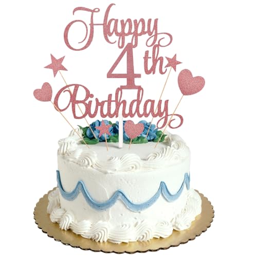 Tortenaufsatz zum 4. Geburtstag, Roségold, Glitzer, personalisierbar, für Kinder, Jungen, Mädchen, Geburtstagsparty, Kuchendekorationsset mit Stern-Herz-Cupcake-Topper Tortenaufsatz zum 4. Geburtstag, Roségold, Glitzer, personalisierbar, für Kinder, Jungen, Mädchen, Geburtstagsparty, Kuchendekorationsset mit Stern-Herz-Cupcake-Topper von HONGP