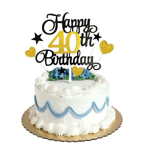 Tortenaufsatz zum 40. Geburtstag, Schwarz / Gold, Glitzer, personalisierbar, für Männer, Jungen, Frauen, Mädchen, Geburtstagsparty, Kuchendekorationsset mit Stern-Herz, Cupcake-Topper Tortenaufsatz zum 40. Geburtstag, Schwarz / Gold, Glitzer, personalisierbar, für Männer, Jungen, Frauen, Mädchen, Geburtstagsparty, Kuchendekorationsset mit Stern-Herz, Cupcake-Topper von HONGP