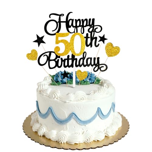 Tortenaufsatz zum 50. Geburtstag, Schwarz / Gold, Glitzer, personalisierbar, für Großvater, Großmutter, Vater, Mutter, Onkel, Geburtstagsparty, Kuchendekorationsset mit Stern-Herz-Cupcake-Topper Tortenaufsatz zum 50. Geburtstag, Schwarz / Gold, Glitzer, personalisierbar, für Großvater, Großmutter, Vater, Mutter, Onkel, Geburtstagsparty, Kuchendekorationsset mit Stern-Herz-Cupcake-Topper von HONGP