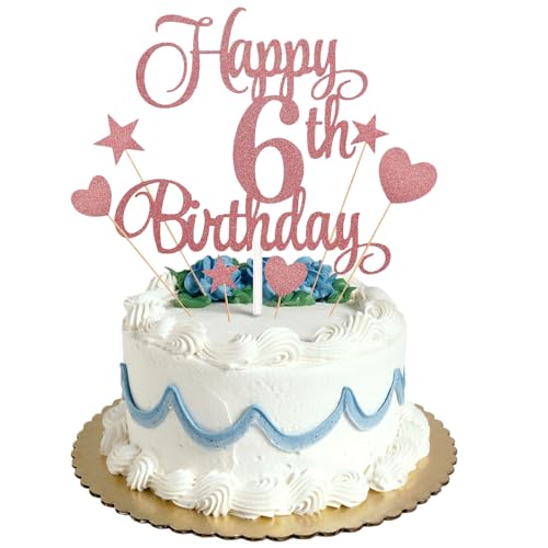 Tortenaufsatz zum 6. Geburtstag, Roségold, Glitzer, personalisierbar, für Kinder, Jungen, Mädchen, Geburtstagsparty, Kuchendekorationsset mit Stern-Herz-Cupcake-Topper Tortenaufsatz zum 6. Geburtstag, Roségold, Glitzer, personalisierbar, für Kinder, Jungen, Mädchen, Geburtstagsparty, Kuchendekorationsset mit Stern-Herz-Cupcake-Topper von HONGP