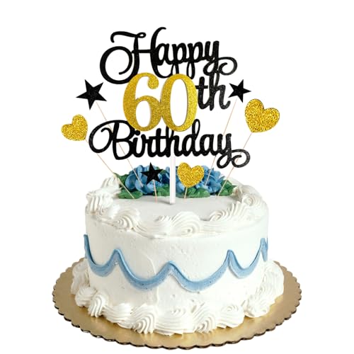 Tortenaufsatz zum 60. Geburtstag, Schwarz / Gold, Glitzer, personalisierbar, für Großvater, Großmutter, Vater, Mutter, Onkel, Geburtstagsparty, Kuchendekorationsset mit Stern-Herz-Cupcake-Topper Tortenaufsatz zum 60. Geburtstag, Schwarz / Gold, Glitzer, personalisierbar, für Großvater, Großmutter, Vater, Mutter, Onkel, Geburtstagsparty, Kuchendekorationsset mit Stern-Herz-Cupcake-Topper von HONGP