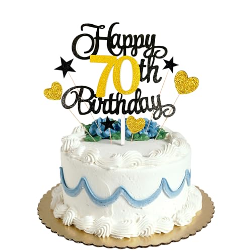 Tortenaufsatz zum 70. Geburtstag, Schwarz / Gold, Glitzer, personalisierbar, für Männer, Jungen, Frauen, Mädchen, Geburtstagsparty, Kuchendekorationsset mit Stern-Herz-Cupcake-Topper Tortenaufsatz zum 70. Geburtstag, Schwarz / Gold, Glitzer, personalisierbar, für Männer, Jungen, Frauen, Mädchen, Geburtstagsparty, Kuchendekorationsset mit Stern-Herz-Cupcake-Topper von HONGP