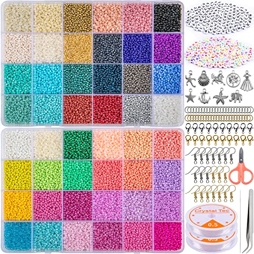 HONGTEYA 35000 Stück Perlen Zum Auffädeln, 48 Farben Perlen für Schmuckherstellungs-Set mit Buchstabenperlen, 0,5 mm elastische Schnur, für DIY-Armbänder, Halsketten, Schmuckherstellungs-Set (2 mm) von HONGTEYA