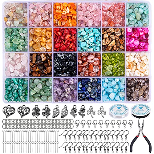 HONGTEYA Schmuck Selber Machen Set, 24 Farben Natürliche Edelstein-Perlen,5–7 mm Steinperlen, 1073 Stück Ringe Selber Machen Set für DIY Schmuck Halskette Armband Ohrring von HONGTEYA